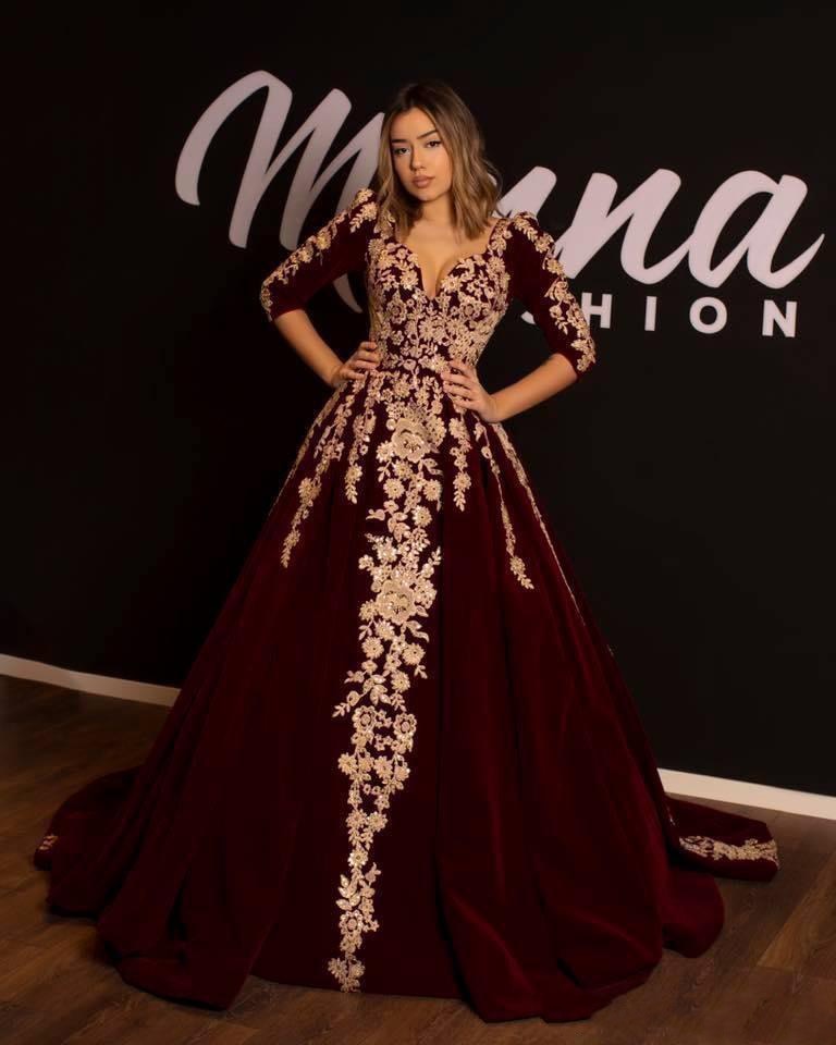 Elegant Arabic Lace Burgundy Evening Dresses Long Sleeves V Neck Velvet Ball Gown Vestidos Formal Party Prom Gowns