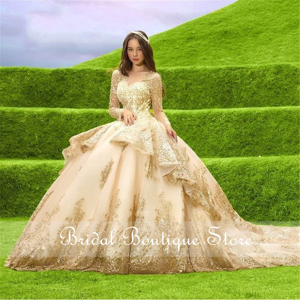 Golden Princess Dream Quinceanera Dress with Long Sleeve