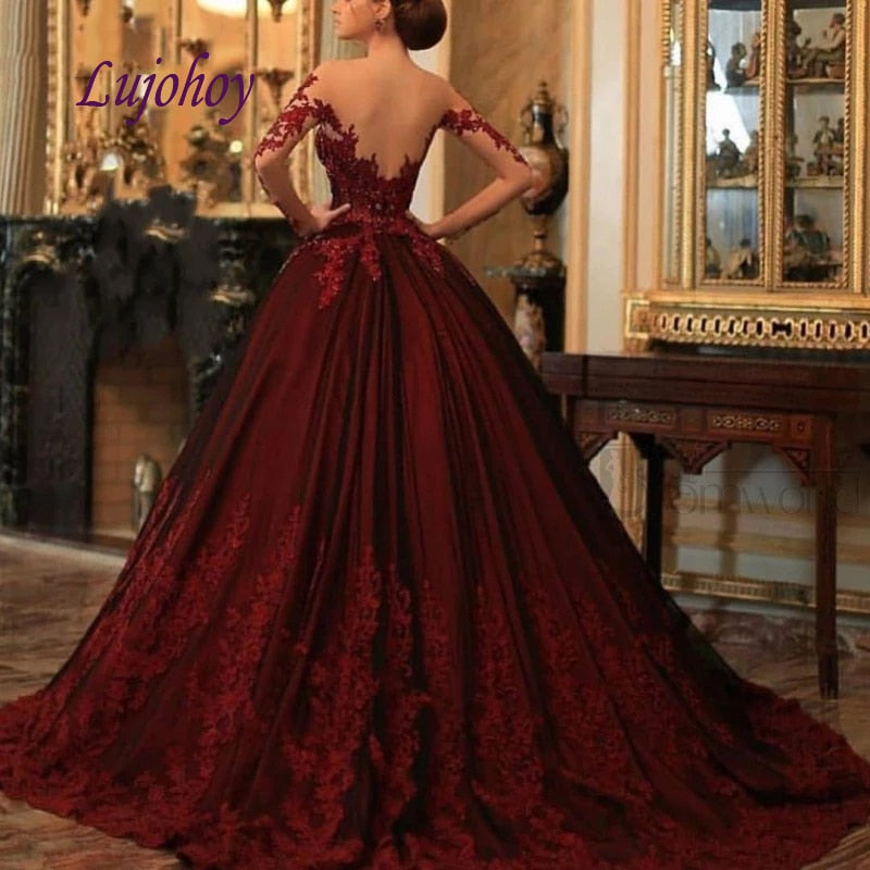 Long Sleeve Lace Ball Gown Velvet Beaded Princess Masquerade Burgundy