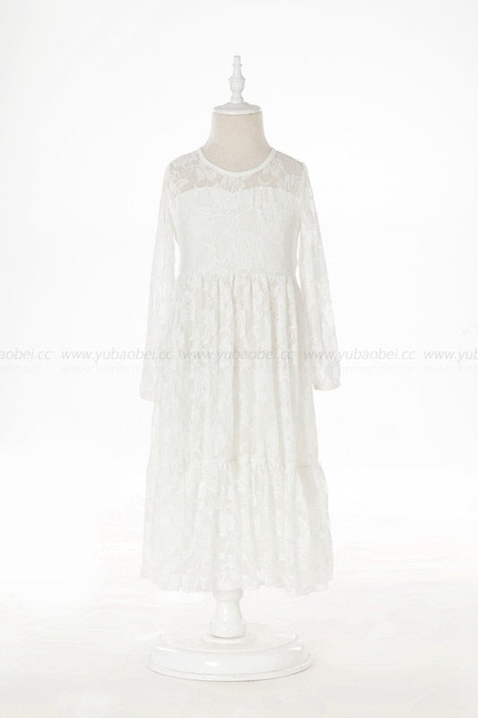Flower Girl Dresses White Beige Long Sleeve Dress