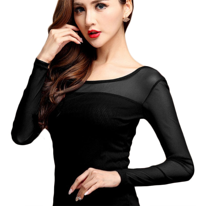 Blouse Shirt Black White Long Casual Long Sleeve Lace Under Shirts Elastic Tops