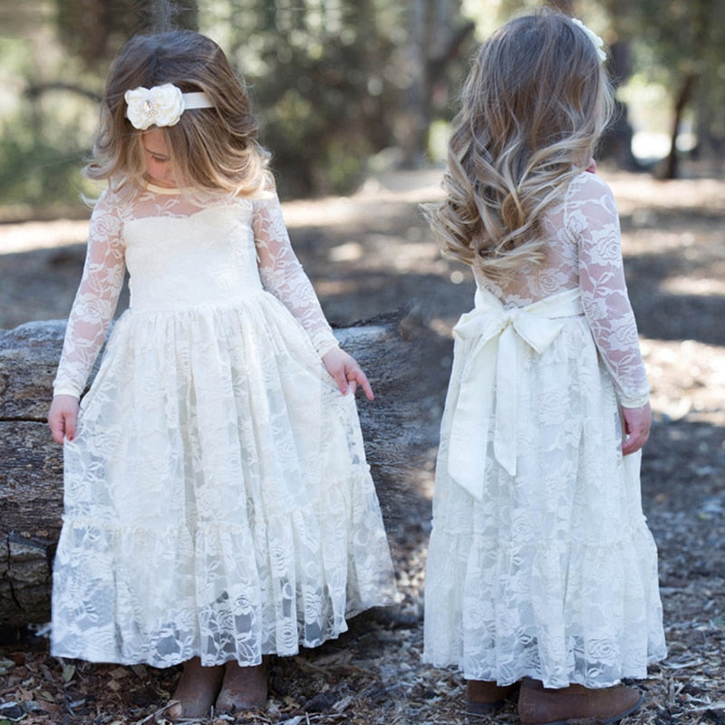 Flower Girl Dresses White Beige Long Sleeve Dress
