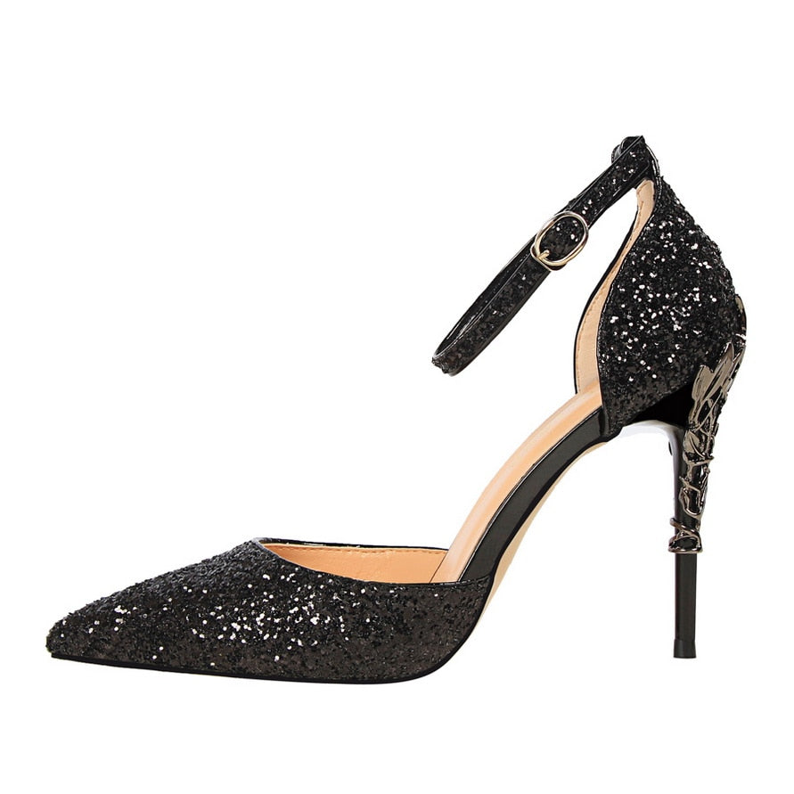 Glitter Gold Pumps. 7.5cm 9.5cm High Heels Metal Heels Strap Stiletto Bridal Glitter Shoes