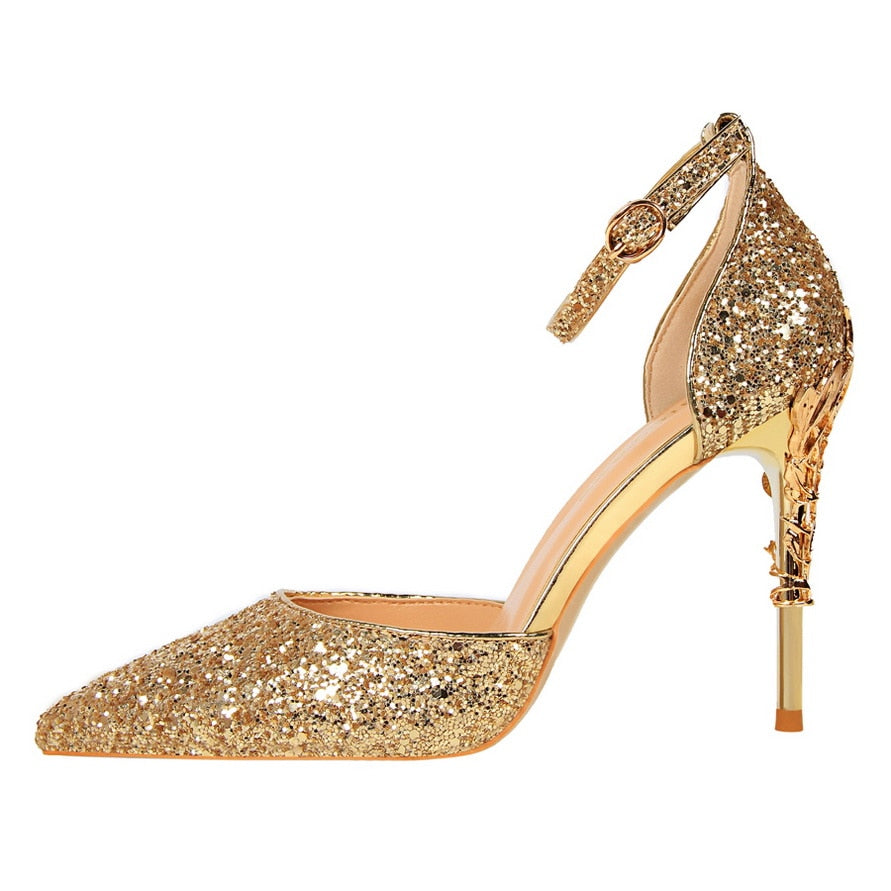 Glitter Gold Pumps. 7.5cm 9.5cm High Heels Shoes