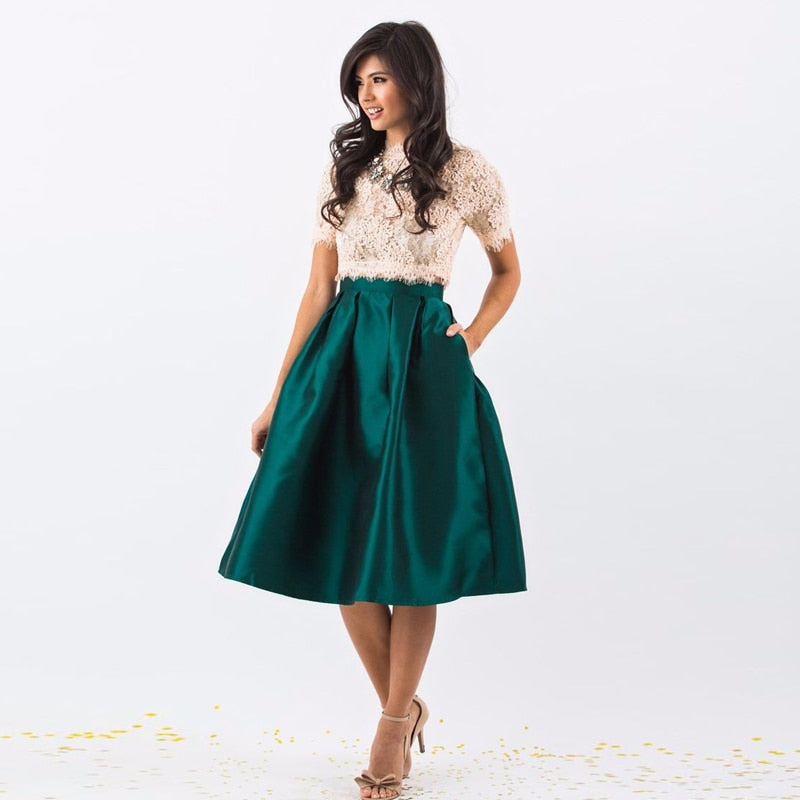 Best Quality Emerald Green Satin Skirt High Waist Knee Length Pleated Midi Skirt
