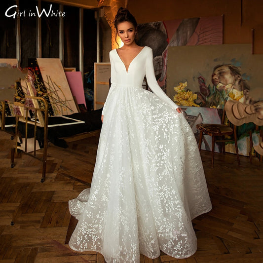 V Neck Satin Wedding Dress Lace A Line Skirt Bride Dresses Autumn Winter Long Sleeve Bridal Gown