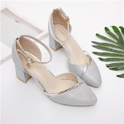 Cute Party Golden Buckle Strap High Heel Shoes Ladies Classic Silver Wedding Stylish Pumps