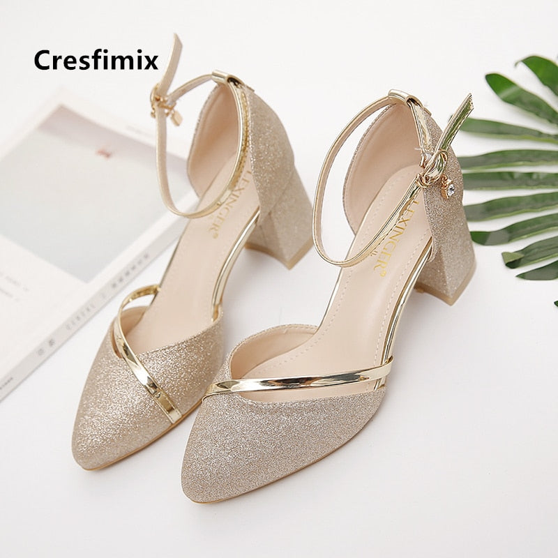 Cute Party Golden Buckle Strap High Heel Shoes Ladies Classic Silver Wedding Stylish Pumps