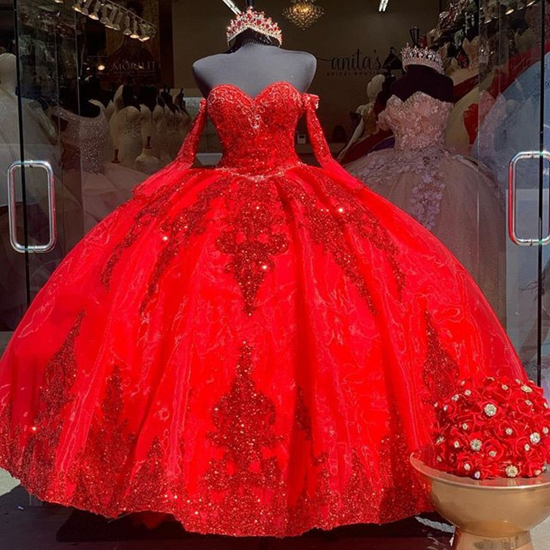 red Gold Sparkly Ball Gown Quinceanera Dresses Detachable Sleeves 