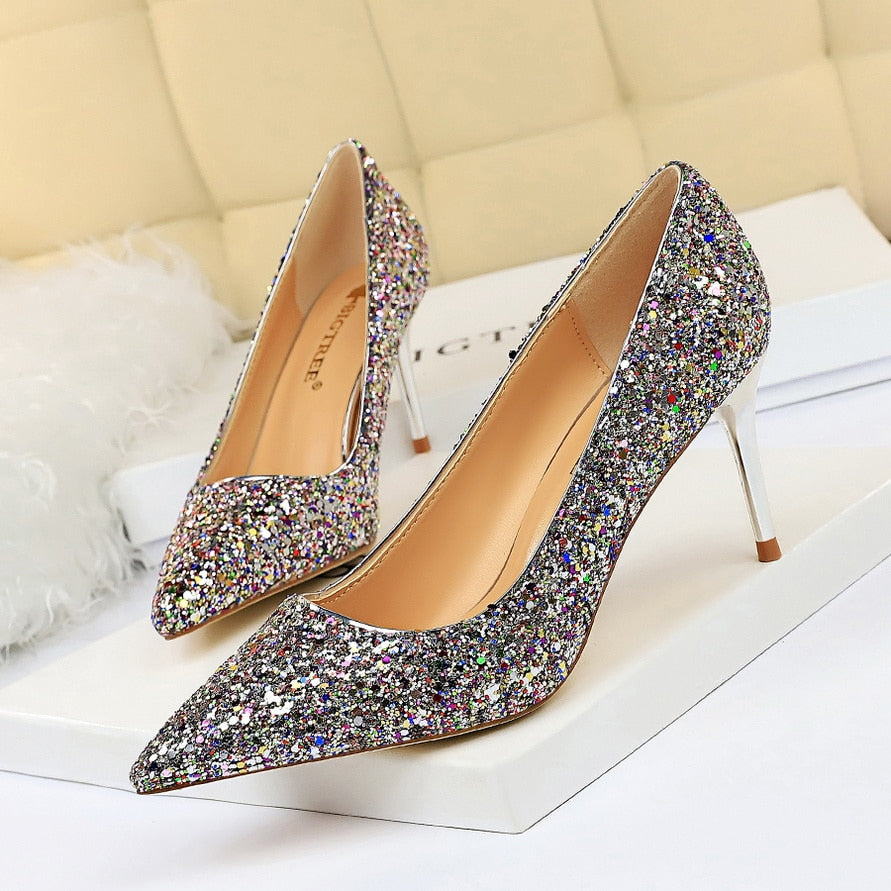 High Heels Sequins Glitter Luxury Designer Pumps Plus Size 43 Wedding Bridal Gold Valentine Shoes