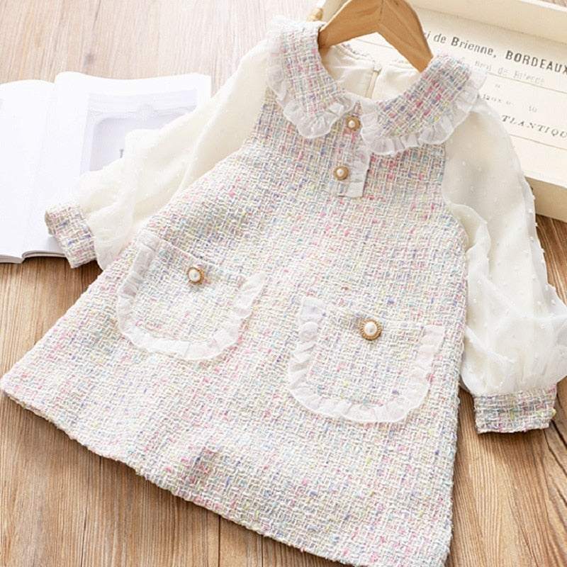 Baby Girls Dresses Spring Autumn Puffle Sleeve Kids Princess Clothes Plaid Doll Collar