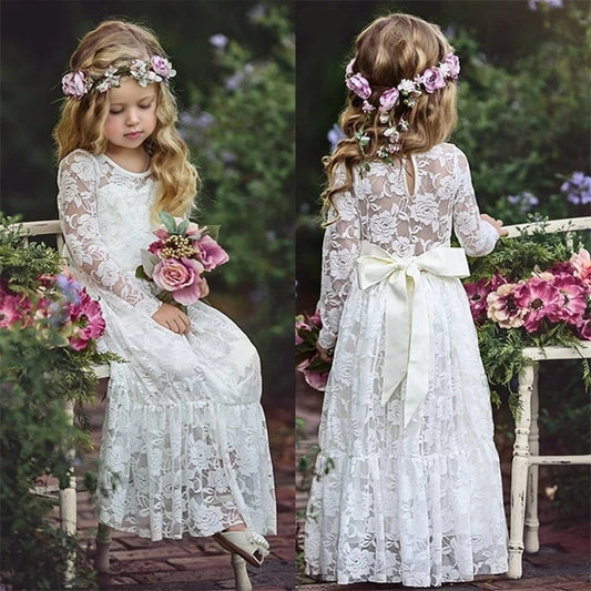 Flower Girl Dresses White Beige Long Sleeve Summer Dress Communion Toddler Kids Christening Wedding Bridesmaid Clothes