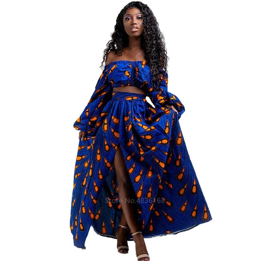 African Dresses 2-piece Set Full Sleeve Shoulder Off
