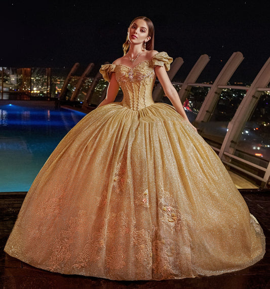 Gold Puffy Quinceanera Dresses Ball Gown Off The Shoulder Sequins Sparkle Pearls