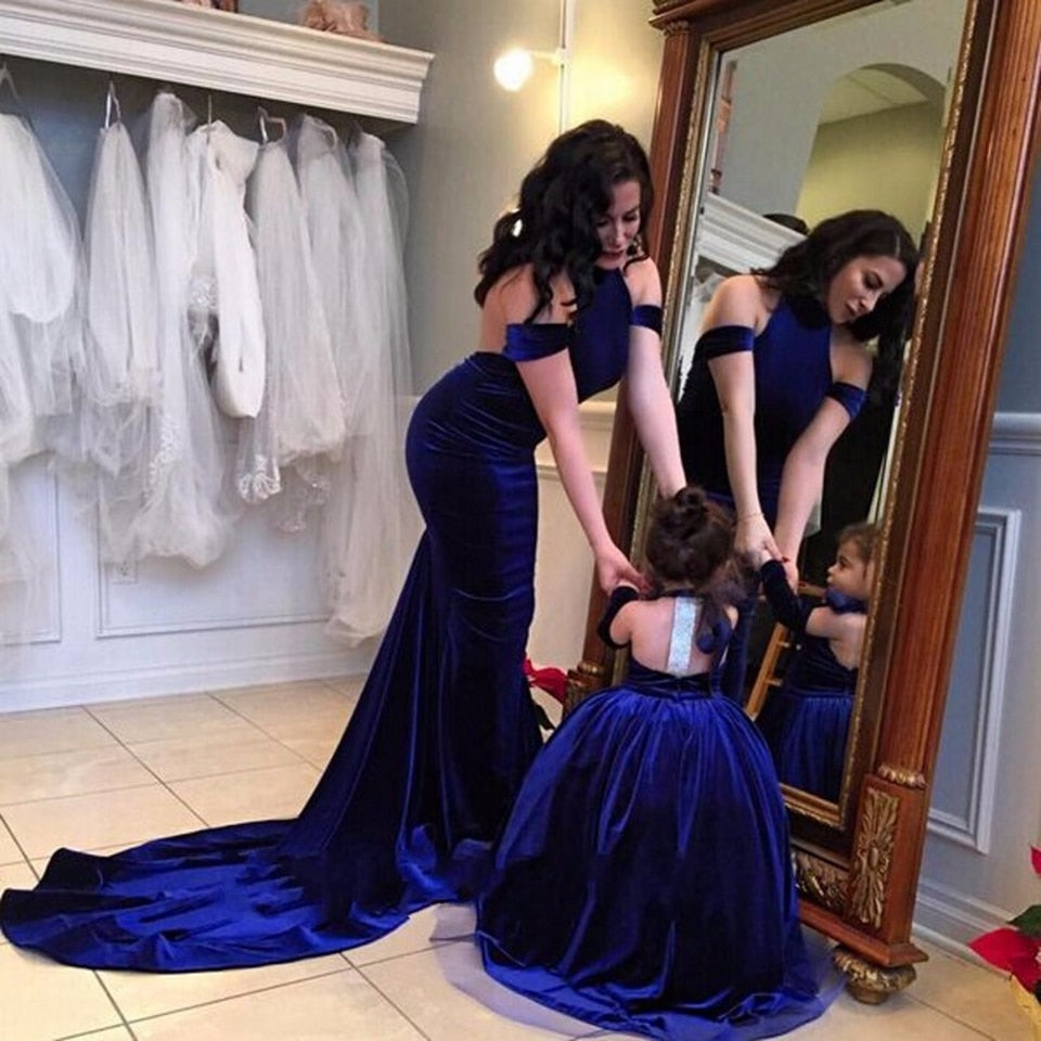 Blue Elegant Mother Daughter Evening Dress Kid Lace Ball Gown