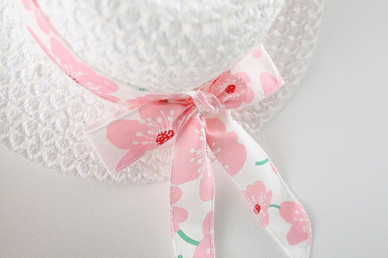 2Piece Baby Girl Beach Dresses Casual Fashion Print Cute Bow Flower Princess Dress+Hat Newborn