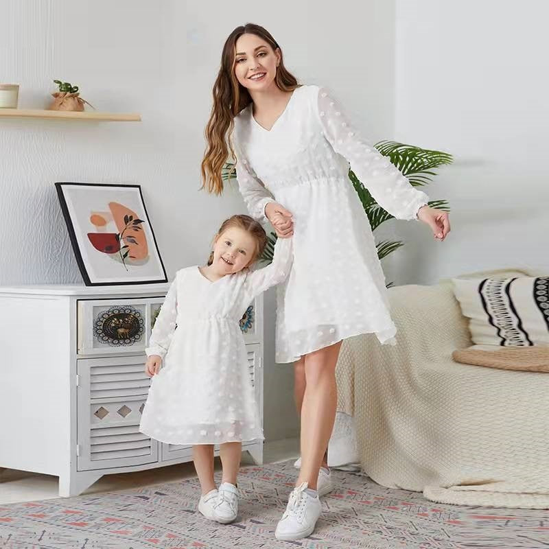 White matching dresses shop for mom and daughter