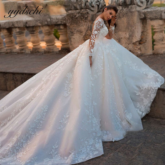 White/Ivory Elegant Wedding Dresses Illusion Long Sleeves Appliques Lace Bride Dresses Princess Tulle Backless Wedding Gown