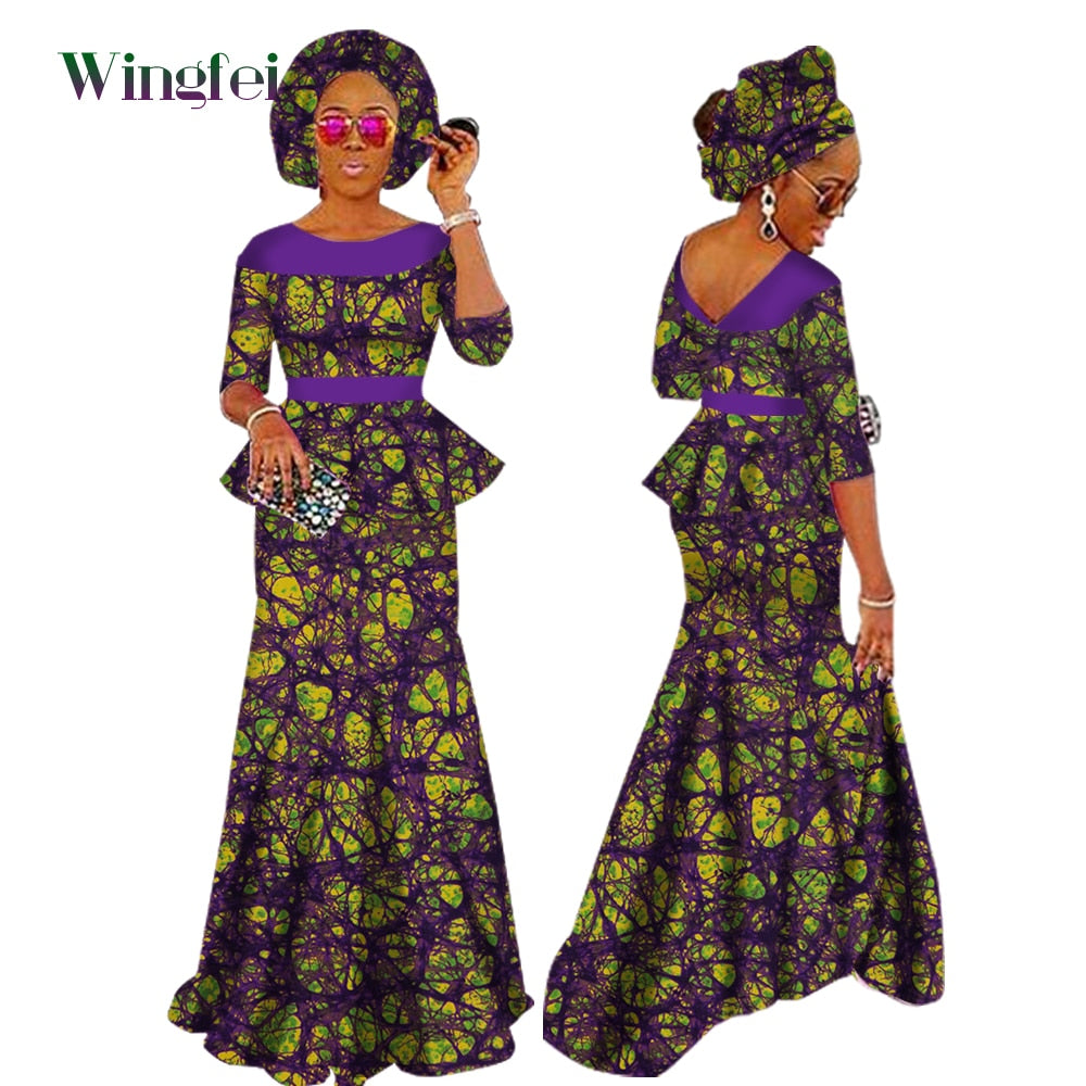 African Clothes for Women Skirt Set Fashion Robe Africaine Dashiki Party Wedding Dress 2 Pieces Set with African Headwrap WY1630