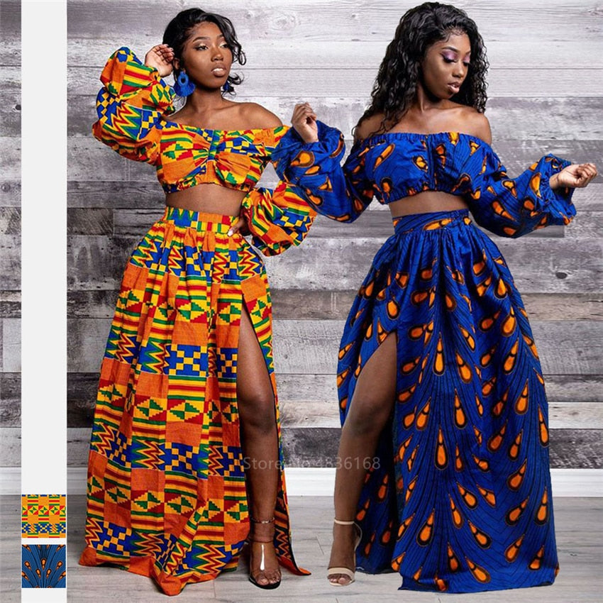 African Dresses 2-piece Set Lady Full Sleeve Shoulder Off Dashiki Print Split Skirts