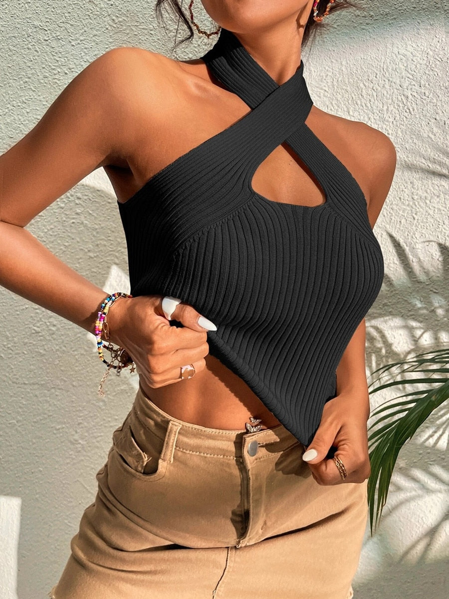 Heart Criss Cross Ribbed Knit Sleeveless Halter Crossfit Y2K Crop Top Clothes Femme Casual Backless Tank