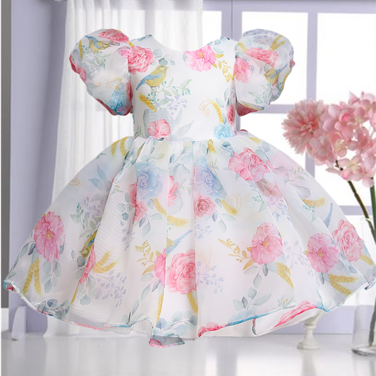Elegant Flower Puff Sleeve Dresses Kids Formal Birthday Party Fairy Princess
