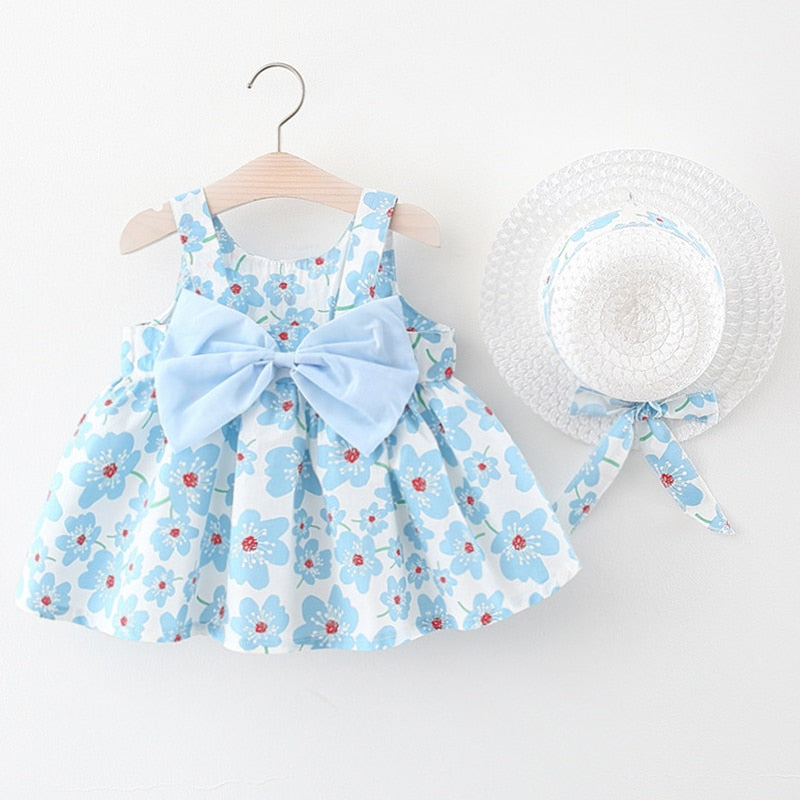 2Piece Baby Girl Beach Dresses Casual Fashion Print Cute Bow Flower Princess Dress+Hat Newborn