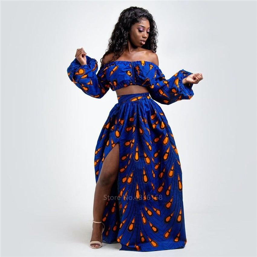 African Dresses 2-piece Set Full Sleeve Shoulder Off