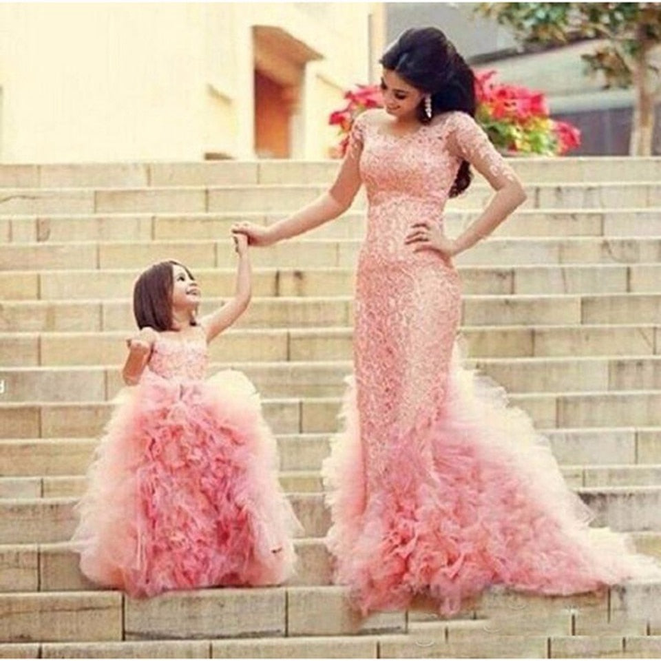 Flower Girls Pink Tulle Ruffled Mermaid Mother And Daughter Gowns