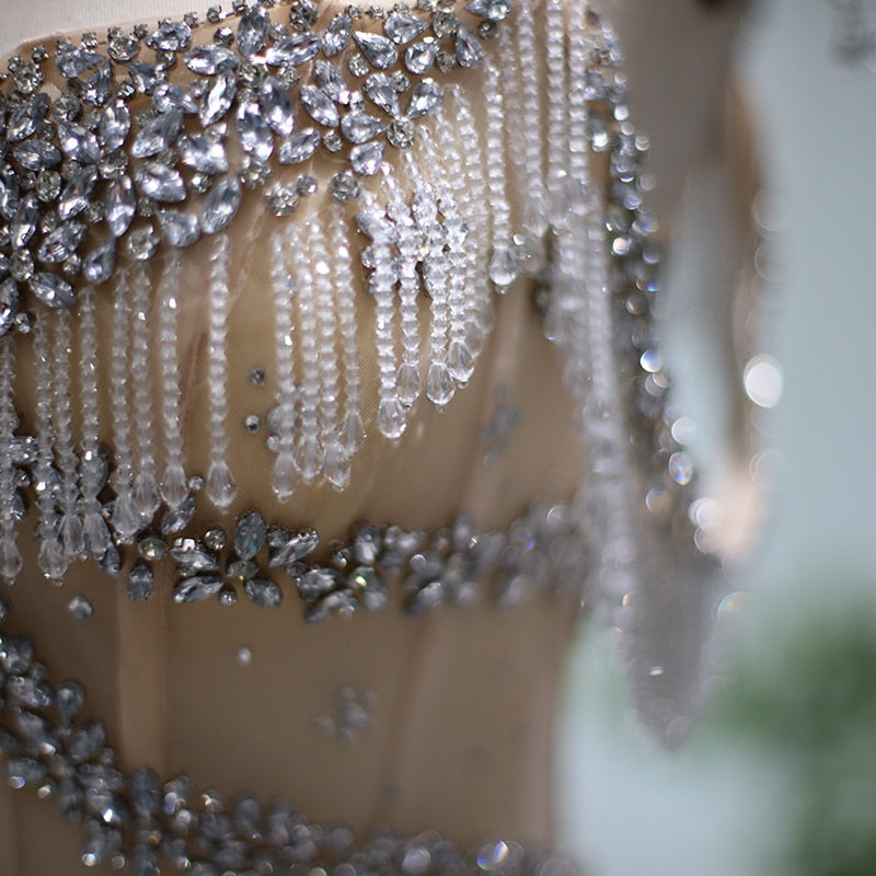 Nude Mermaid Luxury Dubai Evening Dresses Crystal Tassel Long Prom Party Gowns