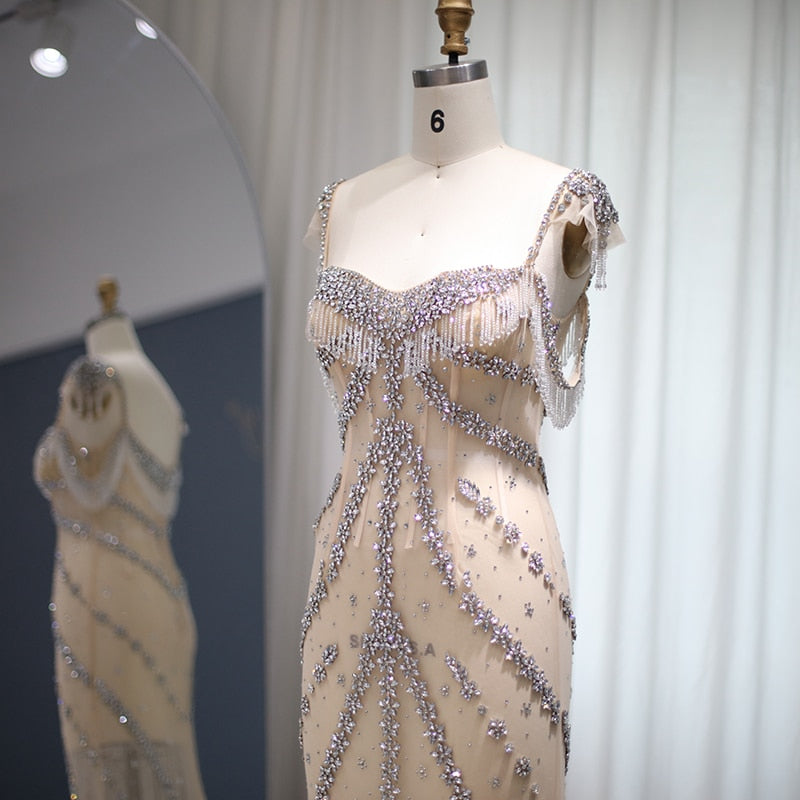 Nude Mermaid Luxury Dubai Evening Dresses Crystal Tassel Long Prom Party Gowns