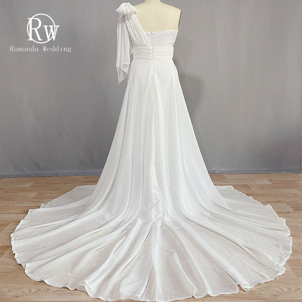 Strapless One Shoulder Mermaid Wedding Dresses With Bow Satin Shinny Sequined Detachable Train Sexy Bridal Gown Ribbons Bride