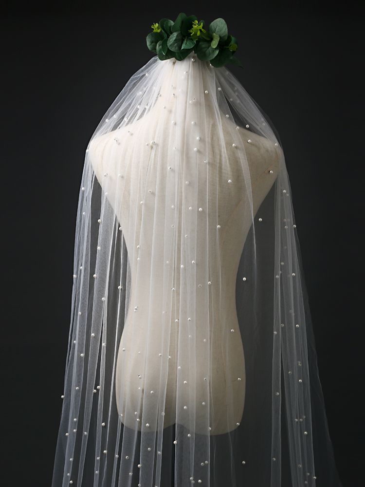 Pearls Wedding Veils with Comb 100% Handmade Beaded