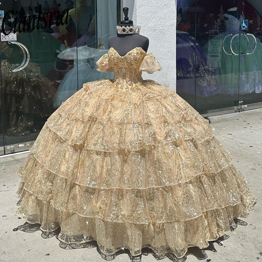Gold Quinceanera Dress Lace Pearls 