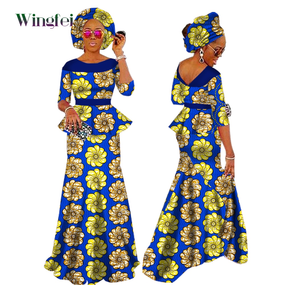 African Clothes for Women Skirt Set Fashion Robe Africaine Dashiki Party Wedding Dress 2 Pieces Set with African Headwrap WY1630