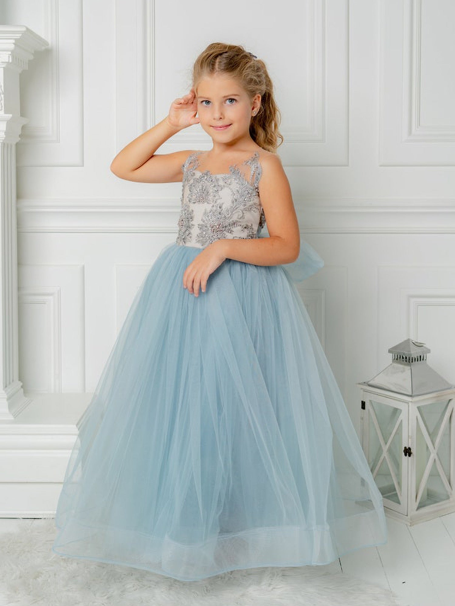 Blue White Ivory Flower Girl Dresses V Neck Bridesmaid with Bow Lace