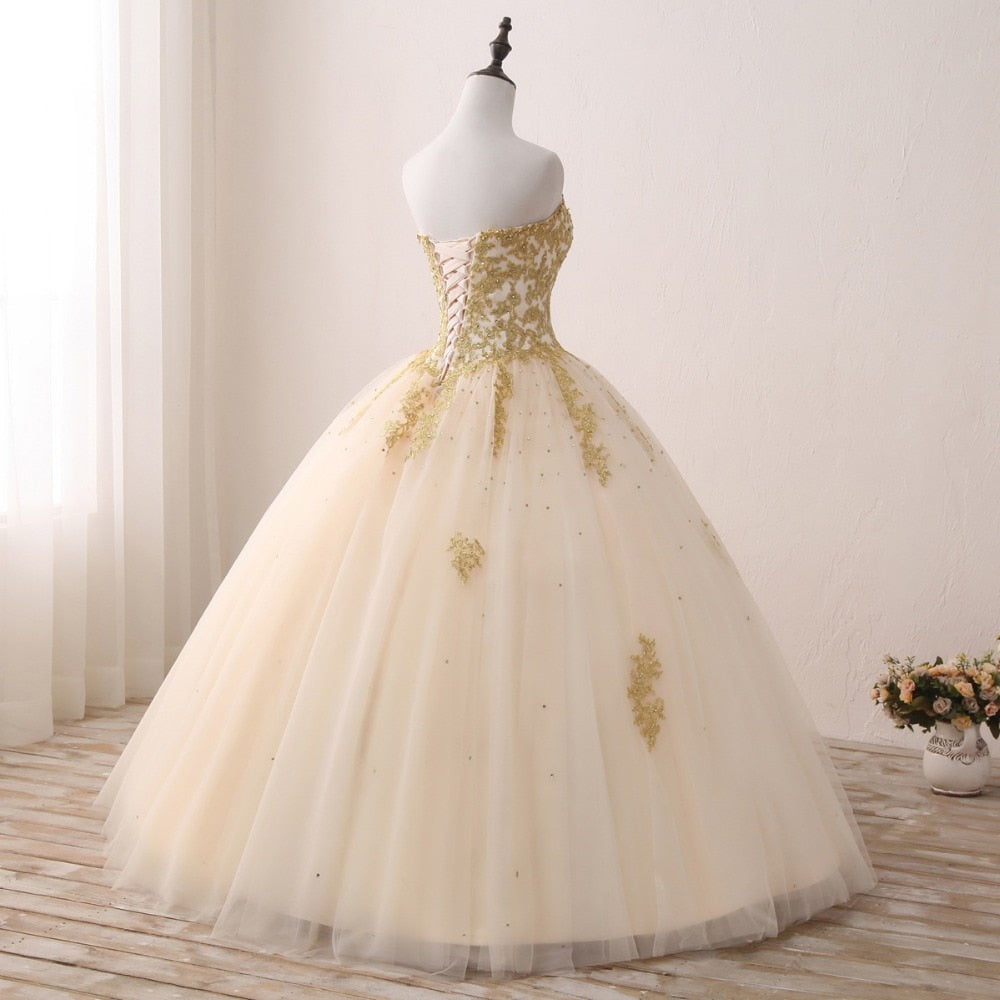 Gold Quinceanera Strapless Dresses Lace Appliques Beaded Ball Gown