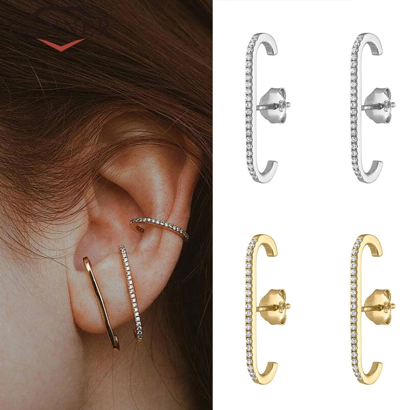 Sterling Silver Earrings Single Row Crystal Zircon stud Earrings Gold or Silver color Fashion Jewelry