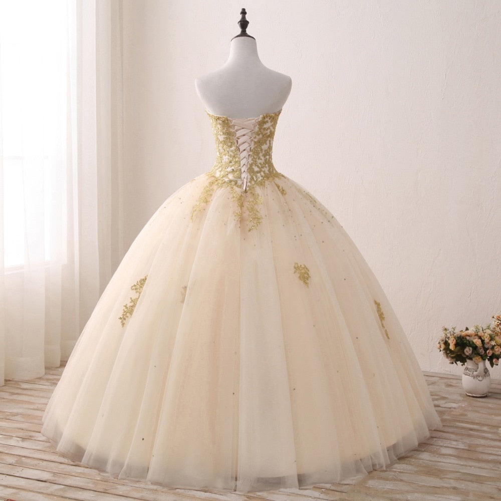 Gold Quinceanera Strapless Dresses Lace Appliques Beaded Ball Gown