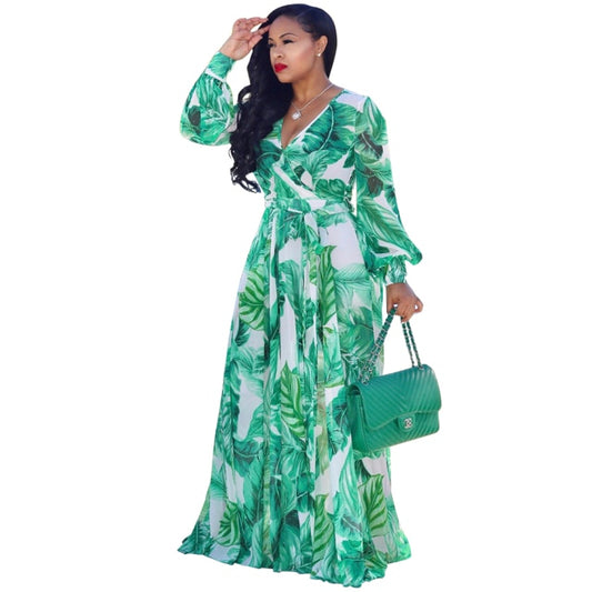Chiffon Long Dress V-Neck Print Elegant Sashes Dresses. Beautiful elegant chiffon African dress