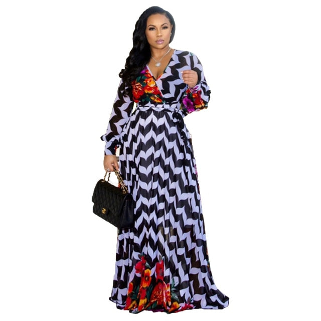 Chiffon Long Dress V-Neck Print Elegant Sashes Dresses. Beautiful elegant chiffon African dress