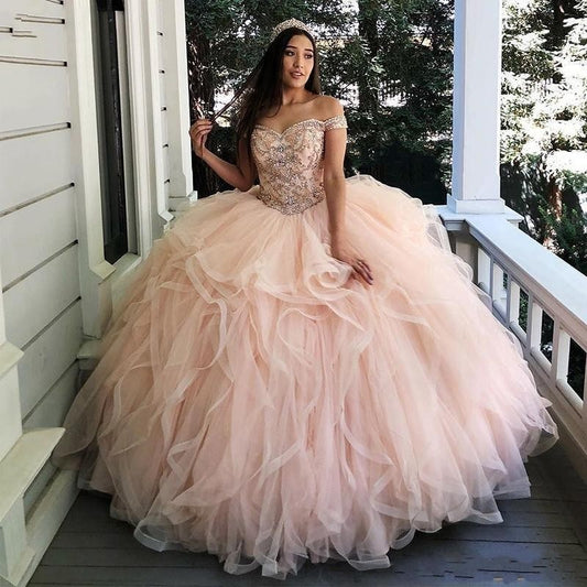 Organza Ball Gown Quinceanera Dresses  Off Shoulder Sparkly Crystals Party Dress
