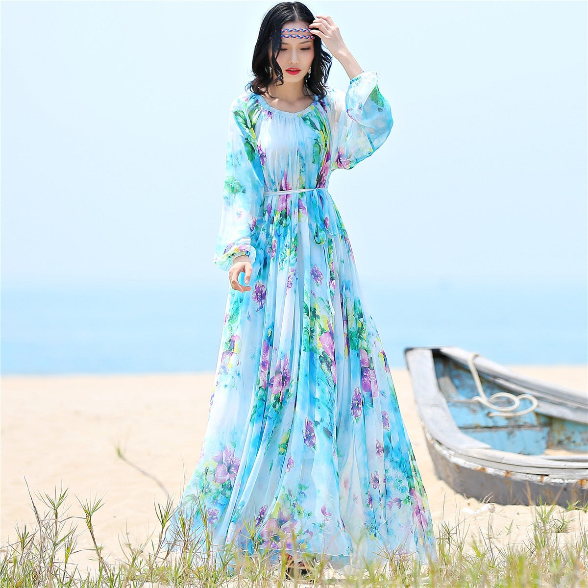 Chiffon Long Sleeve Maxi Dress Bohemia  Full Plus Size Available