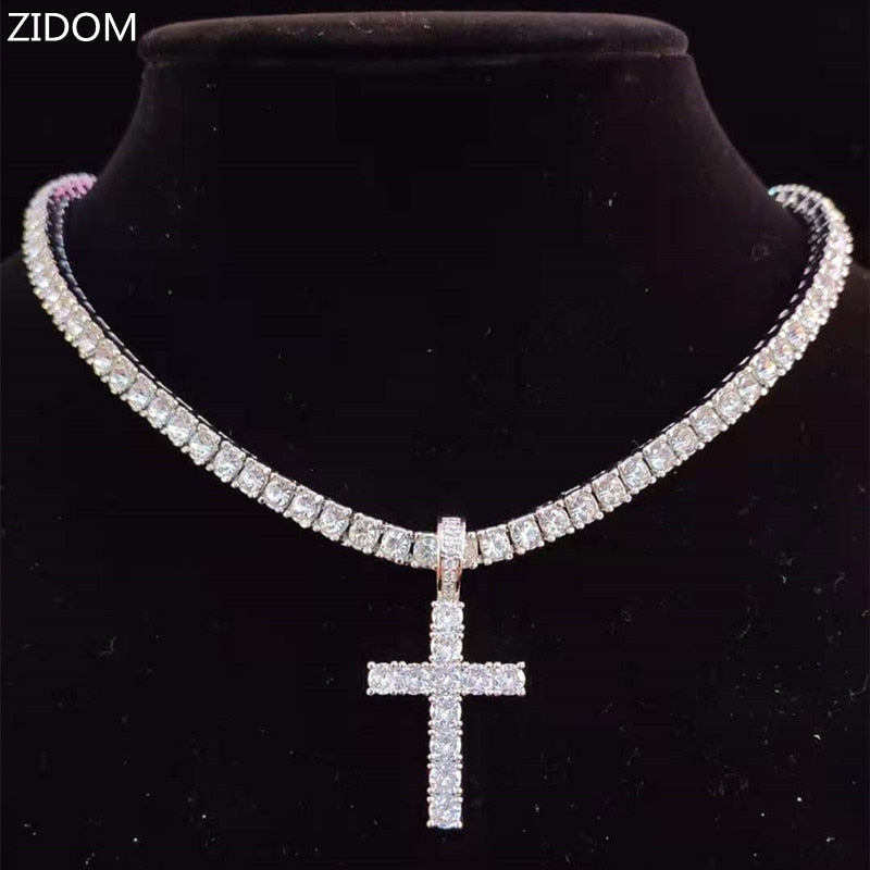 Cross Pendant Necklace with 4mm Zircon Tennis Chain Iced out Bling Necklaces Unisex