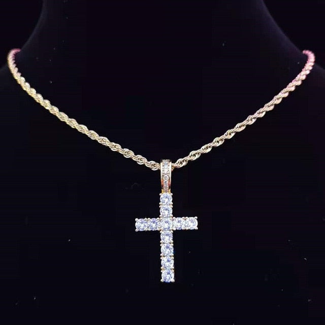 Crystal Cross Pendant Necklace with 4mm Zircon Tennis Chain Iced out Bling Necklaces Unisex