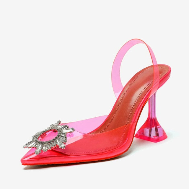 Pumps Elegant Pointed toe Rhinestones High heels Wedding Shoes Crystal Clear heeled Slingback