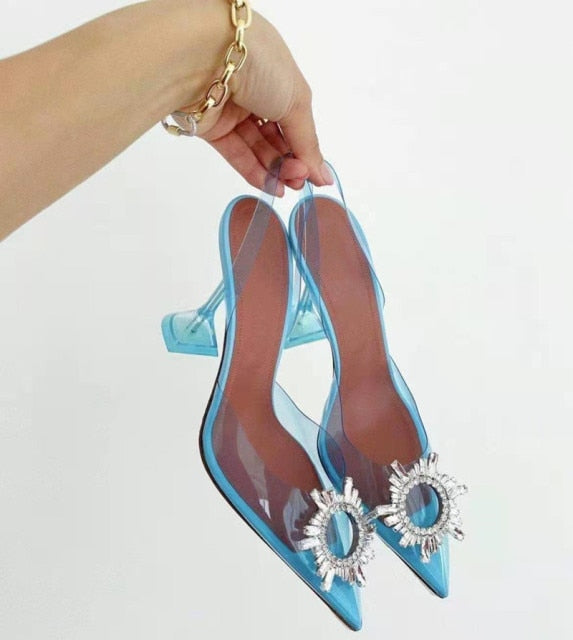 Pumps Elegant Pointed toe Rhinestones High heels Wedding Shoes Crystal Clear heeled Slingback
