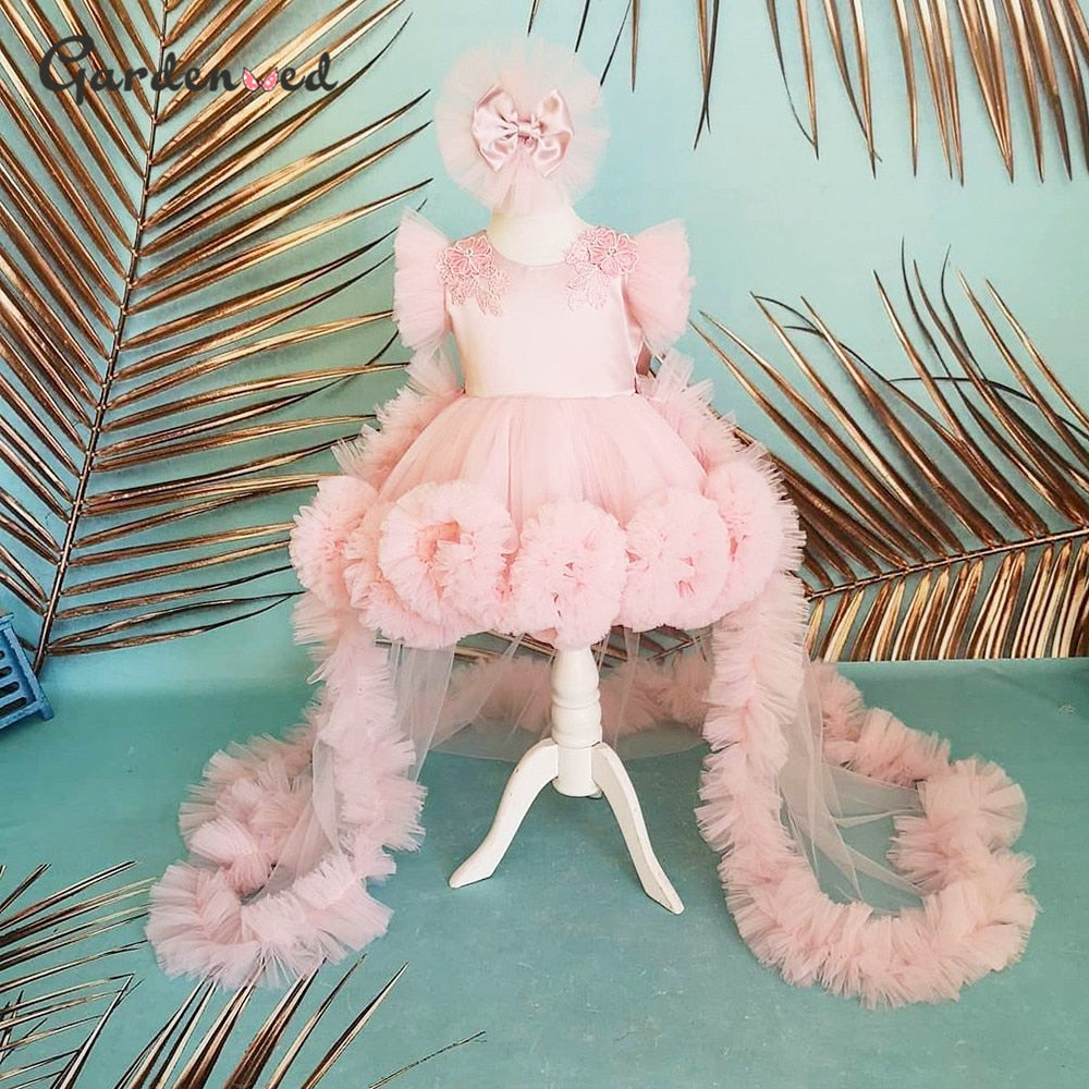 Sequin Glitter Pink White Flower Girl Dress Sleeveless Princess First Communion Gown