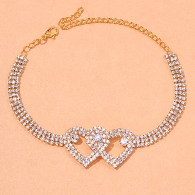 Silver Color Rhinestone Double Heart Anklet Bling Hollow Out Love Ankle Bracelet