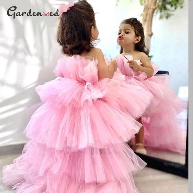 Tulle Princess Puffy Flower Girl High-Low Kid Birthday  First Communion Dress